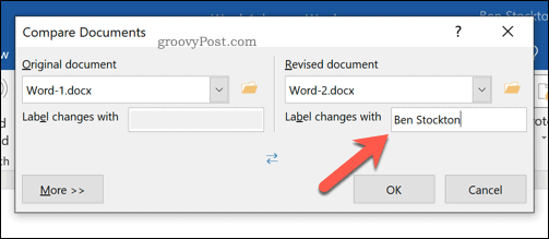 A módosított változások címkéjének beállítása a Word dokumentum-összehasonlító eszközben