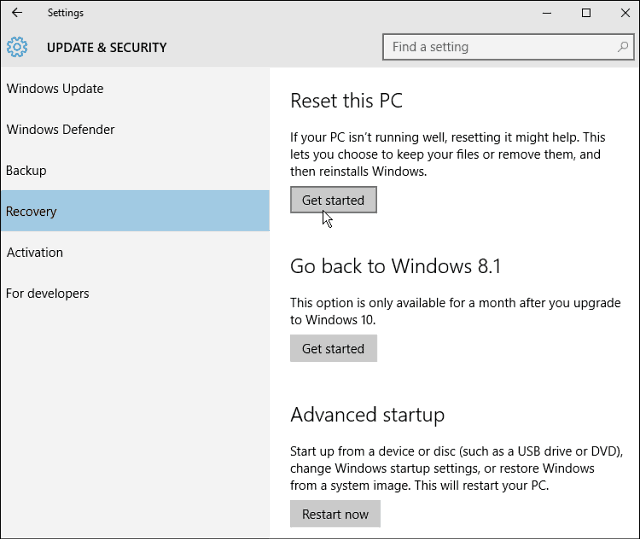 A Windows 10 operációs rendszer alaphelyzetbe állítása