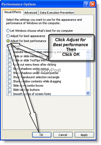 Windows XP Adjust a legjobb teljesítmény érdekében