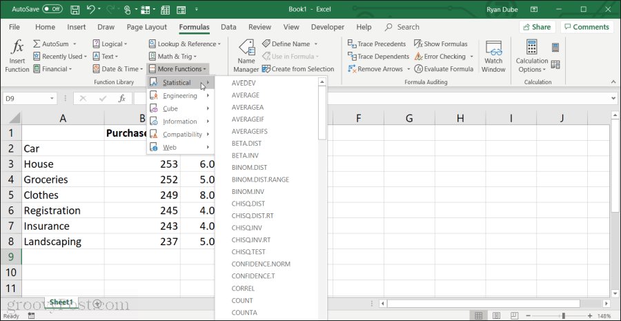 Az átlagérték kiválasztása az Excel programban