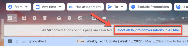 Az összes e-mail kiválasztása egy mappában a Gmailben