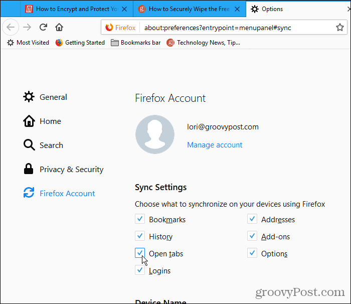 Jelölje be a Megnyitás lapokat a Firefox for Windows szinkronizálási beállításai alatt