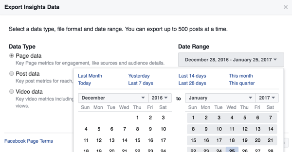 Megváltoztathatja a letöltött Facebook Insights-adatok dátumtartományát.