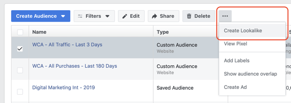 Készítse el a Facebook megjelenésű közönség egyéni webhelylátogatóit, 2. lépés.