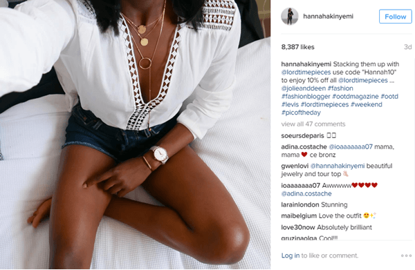 Hannah Akinyemi modell tartalmaz egy Lord Timepieces órát és egy kedvezménykódot az Instagramon.