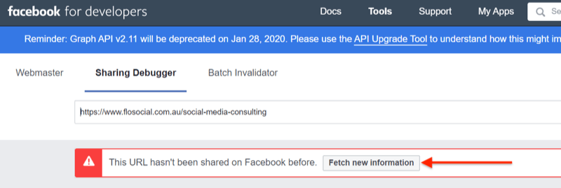 A Facebook Sharing Debugger eszköz használatának 2. lépése