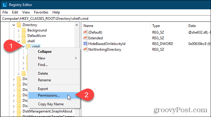 Kattintson a jobb gombbal a rendszerleíró kulcsra, és válassza a Engedélyek lehetőséget a Windows beállításjegyzék-szerkesztőben