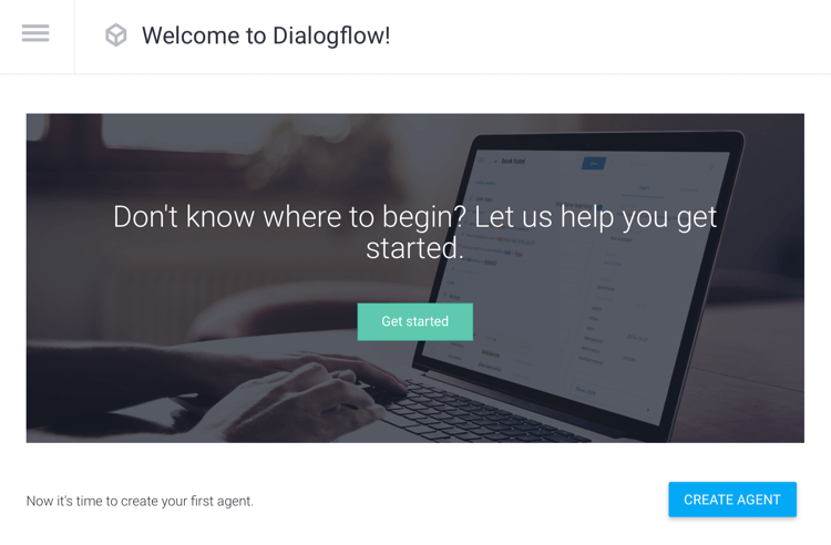 Agent létrehozása opció a Dialogflow menüben