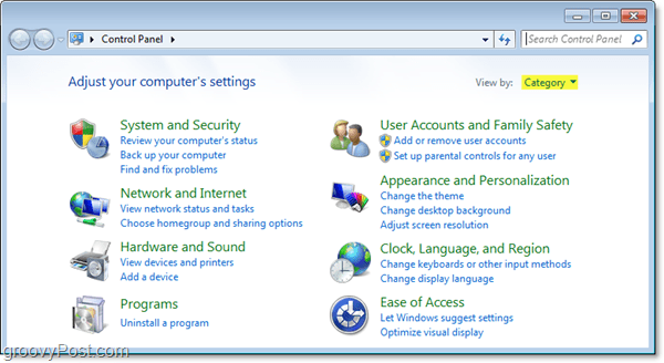 Windows 7 vezérlőpult kategória nézetben