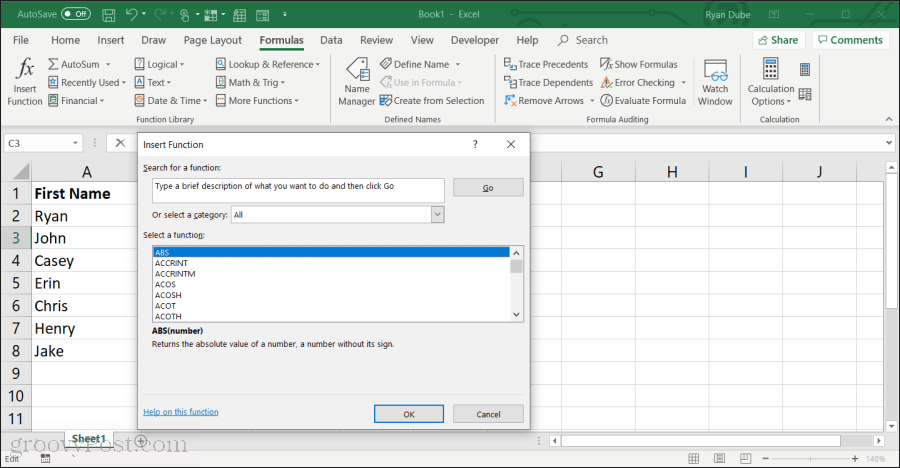 az Excel összes funkciójának felsorolása