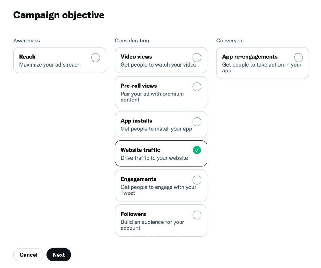 hogyan válasszunk-a-kampány-célt-és-egy-hirdetéscsoport-célt a Twitter-pixel-megfontolás-webhely-forgalom-példa-17 használatával