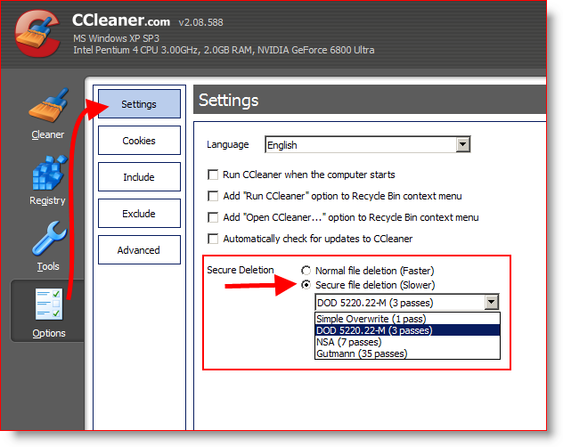 Konfigurálja a CCleaner programot a fájlok biztonságos törlésére és törlésére 3-szor vagy DOD 5220.22-M