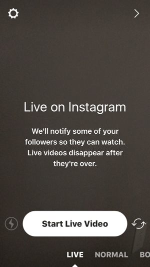 Érintse meg a kamera ikont, majd koppintson az Élő videó indítása elemre az Instagram élő közvetítésének elindításához.