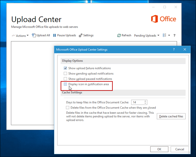 A Microsoft Office Upload Center megjelenítési beállításai
