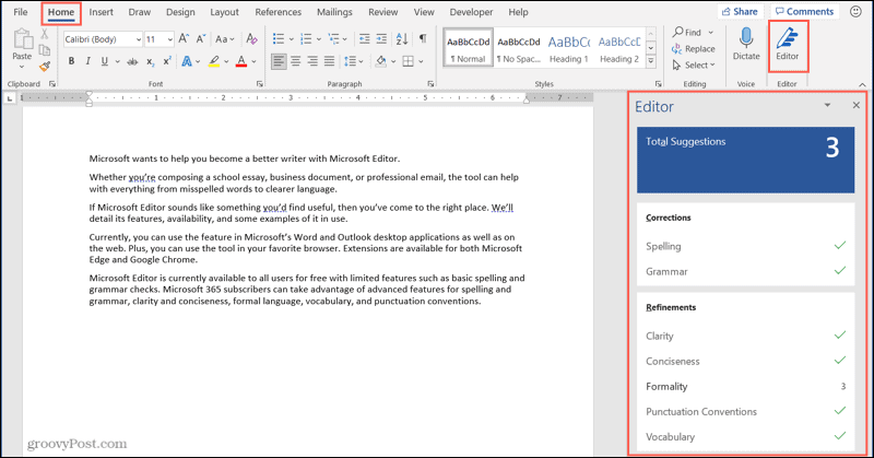 Microsoft Editor gomb és oldalsáv a Word asztalon