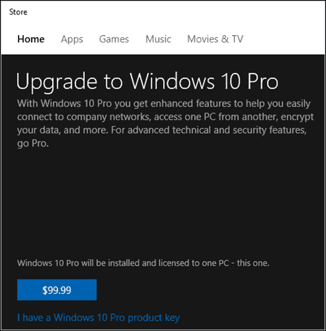 A Windows 10 Pro Pack kulcstárolója a Microsoft