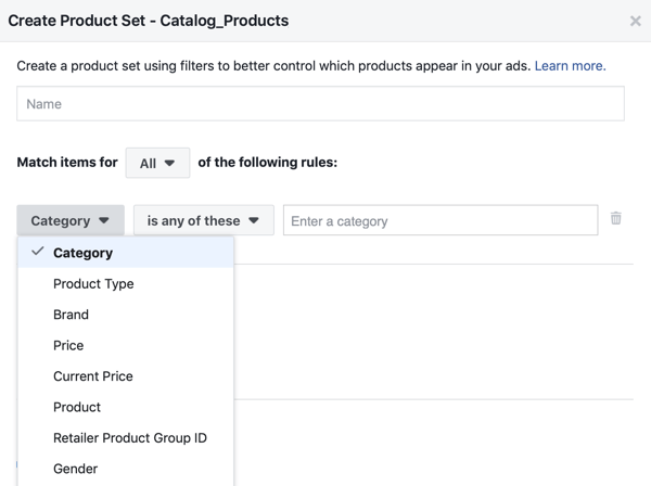 A Facebook eseménybeállító eszközének 28. lépésében található Facebook menüopcióval szűrőket alkalmazhat arra, hogy mely termékeket jelenítik meg az ügyfelek