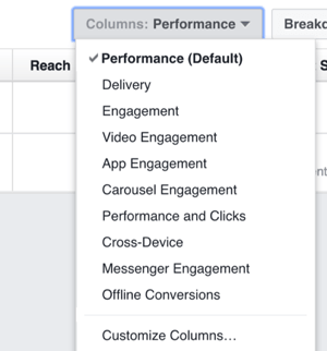 Kattintson az Oszlopok legördülő listára a Facebook Ads Managerben látható oszlopok megváltoztatásához.