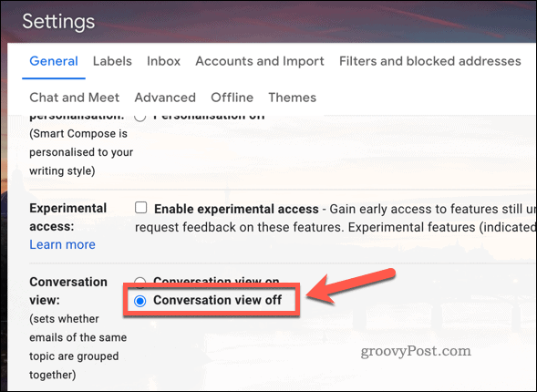 A beszélgetési nézet letiltása a Gmail beállításaiban