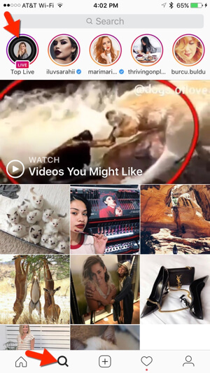Az Instagram a Felfedezés fülön aktuális élő videókat is tartalmaz.