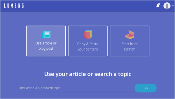 Ha blogbejegyzéssel szeretne videót létrehozni a Lumen5-ben, írja be az URL-t, majd kattintson az Ugrás gombra.