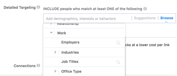 A Facebook részletes célzási lehetőségeket kínál a közönség munkája alapján.