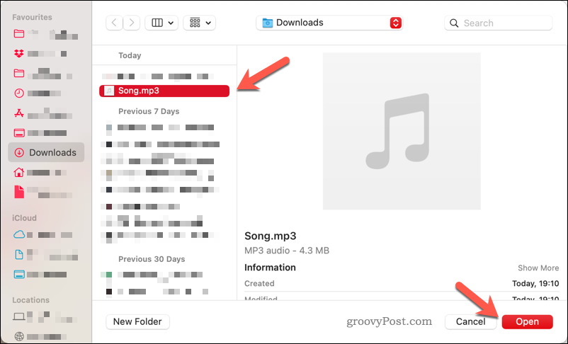 Az Apple Music gyűjteménybe feltöltendő dal kiválasztása