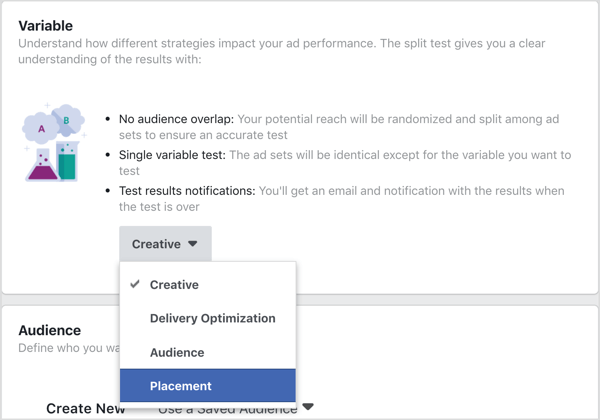 Válassza az Elhelyezés értéket a Facebook split teszt segítségével történő teszteléshez