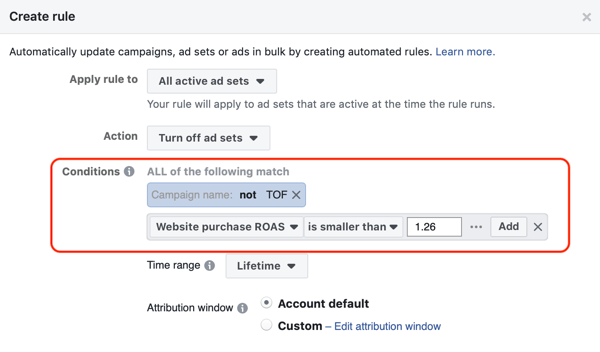 Használja a Facebook automatizált szabályait, és állítsa le a hirdetéskészletet, amikor a ROAS a minimum alá esik, 3. lépés: feltételbeállítások