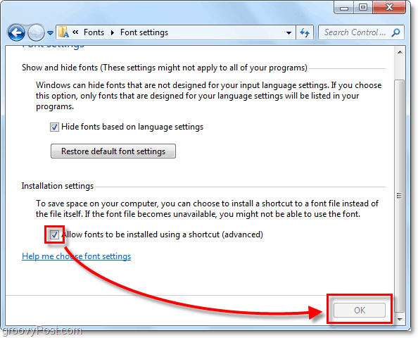 engedélyezze a Windows 7 betűkészletek telepítését egy hálózatból vagy más külső erőforrásból