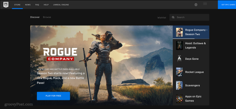 Az Epic Games Store webhelyét bemutató képernyőkép