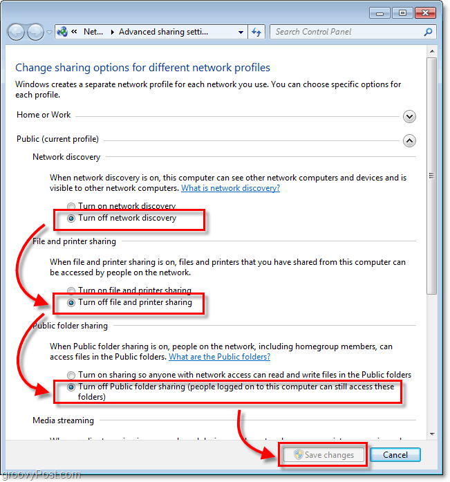 A fájlmegosztás és a hálózati felfedezés letiltása a Windows 7 rendszerben