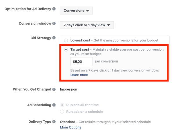 Tippek a Facebook hirdetési költségeinek csökkentésére, opció az ajánlattételi stratégia beállítására a költség megcélzásához