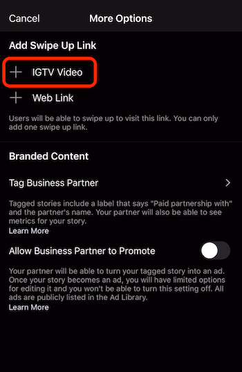 opció hozzáadásához csúsztassa a linket az IGTV videóhoz