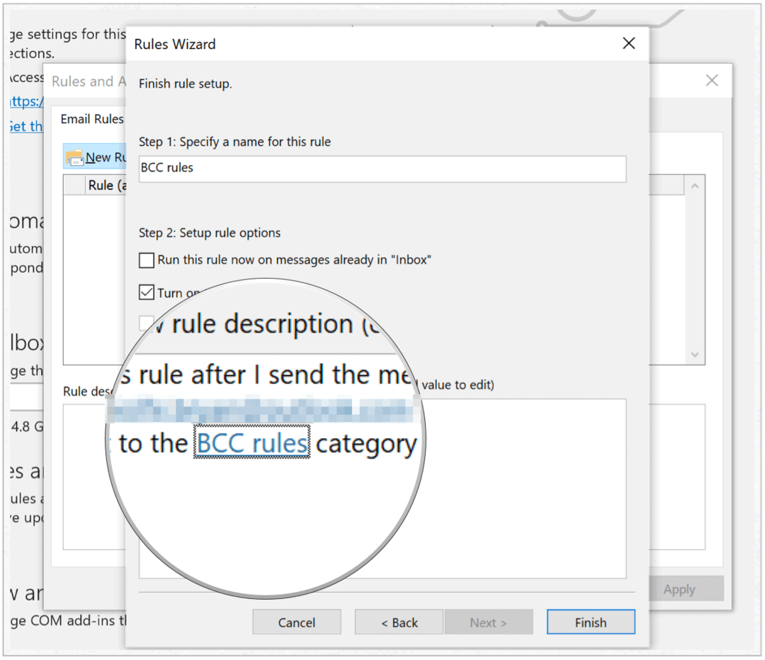 A Microsoft Outlook befejezi a szabályok létrehozását
