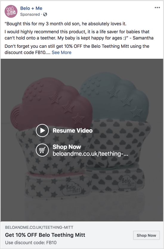 Ez a Facebook-hirdetés diavetítéses videót használ egy adott termék kedvezményének népszerűsítésére.