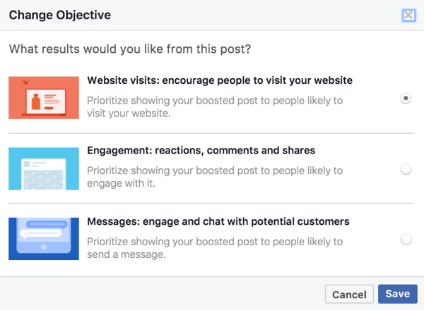 A továbbfejlesztett bejegyzések objektív lehetőségei a Facebook-bejegyzésben használt médián alapulnak.