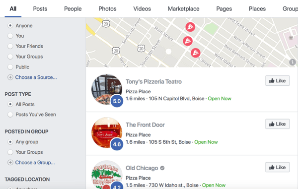 Pizza keresési eredmény a Facebook-on.