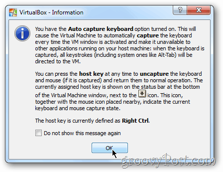 A VirtualBox Windows 8 figyelmeztetése a billentyűzeten