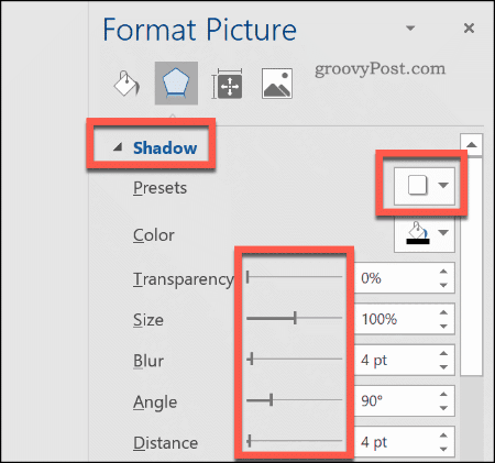 Egy árnyék hozzáadása egy képhez a Word alkalmazásban