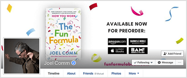 Joel Comm Facebook-profilján Joel fényképe látható oldalról, kezével a levegőben, mintha táncolna. A borítófotón a The Fun Formula borítója és a könyv előrendelésének részletei láthatók.