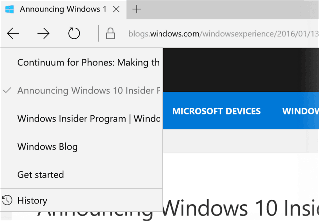 Microsoft Edge Histroy nézet