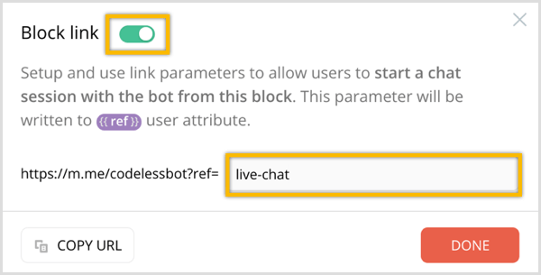 ChatFuel Block Link opció