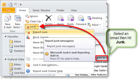 kéretlen e-mail jelentési eszköz az Outlook 2010-ben