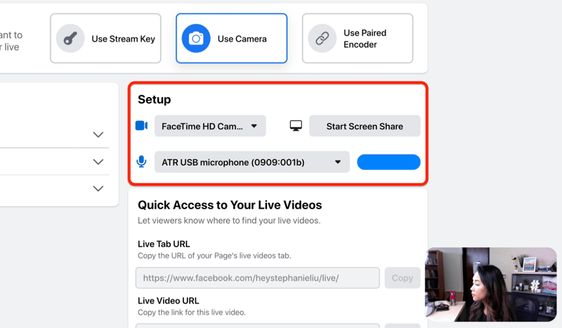 facebook live stream beállítási lehetőség a kamera és a mikrofon és / vagy a képernyő megosztásának kiválasztásához