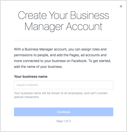 Írja be a vállalkozás nevét a Business Manager-fiók létrehozásához.
