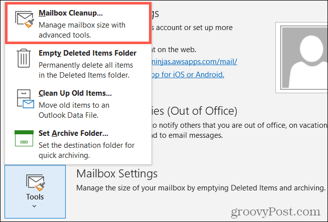 Eszközök, postafiók -tisztítás az Outlook programban