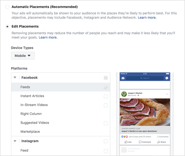 Válassza ki a Facebook elköteleződéses hirdetés elhelyezését.