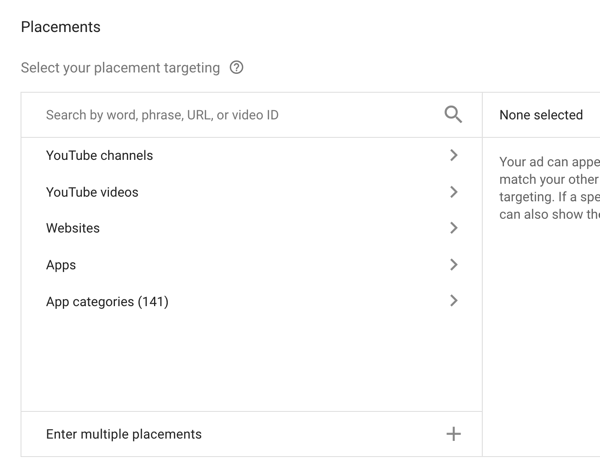 YouTube-hirdetési kampány beállítása, 33. lépés: elhelyezés szerinti célzási lehetőségek