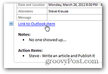 Kattintson az Összekapcsolás az Outlook naptár elemmel linkre